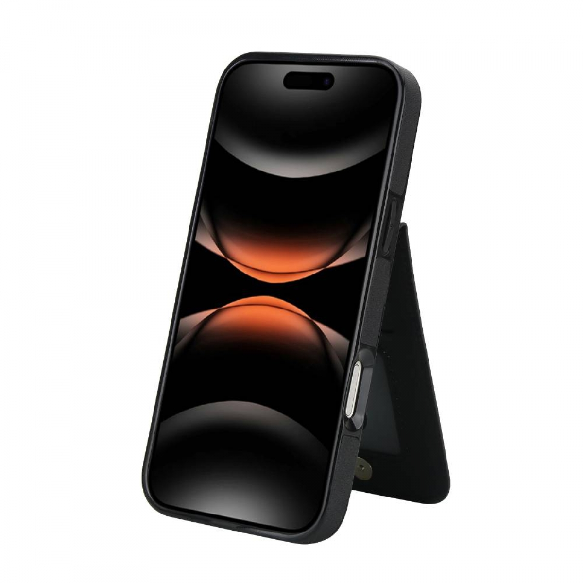 Ein schwarzes Smartphone mit Hülle wird von einem Ständer gehalten. Der Bildschirm zeigt ein dunkles, abstraktes Bild mit goldenem Farbton.