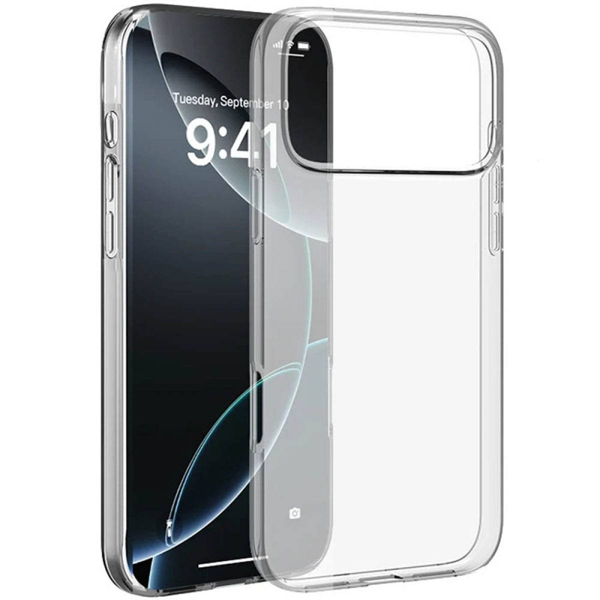Eine transparente Handyhülle schützt ein Smartphone. Das Telefon zeigt Uhrzeit und Datum an. Die Hülle ist transparent.