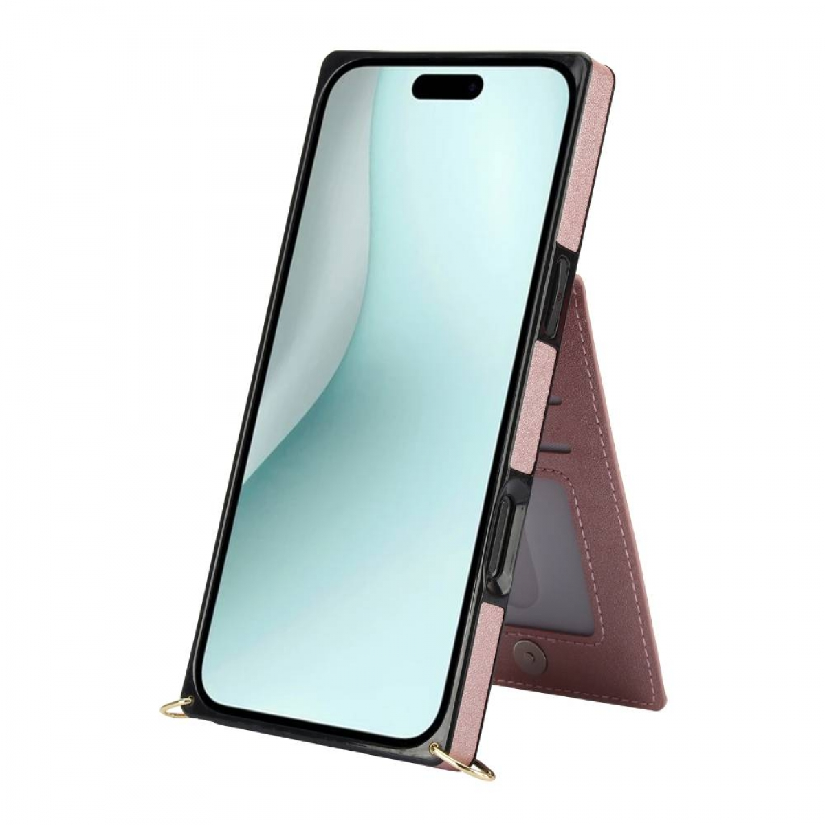 Ein Smartphone in einer rosa Hülle steht aufrecht und wird von einem brieftaschenähnlichen Ständer gehalten. Das Telefon hat einen schwarzen Rahmen und einen klaren Bildschirm.
