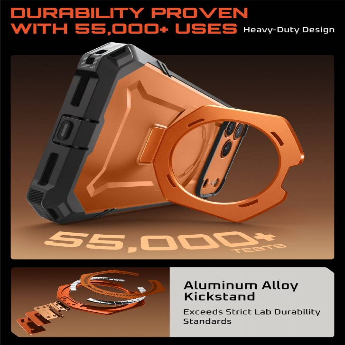 Eine orangefarbene Handyhülle mit Ständer wird gezeigt. Text beinhaltet 'Haltbarkeit bewiesen' und 'Kickstand aus Aluminiumlegierung'. Der Hintergrund ist unscharf.
