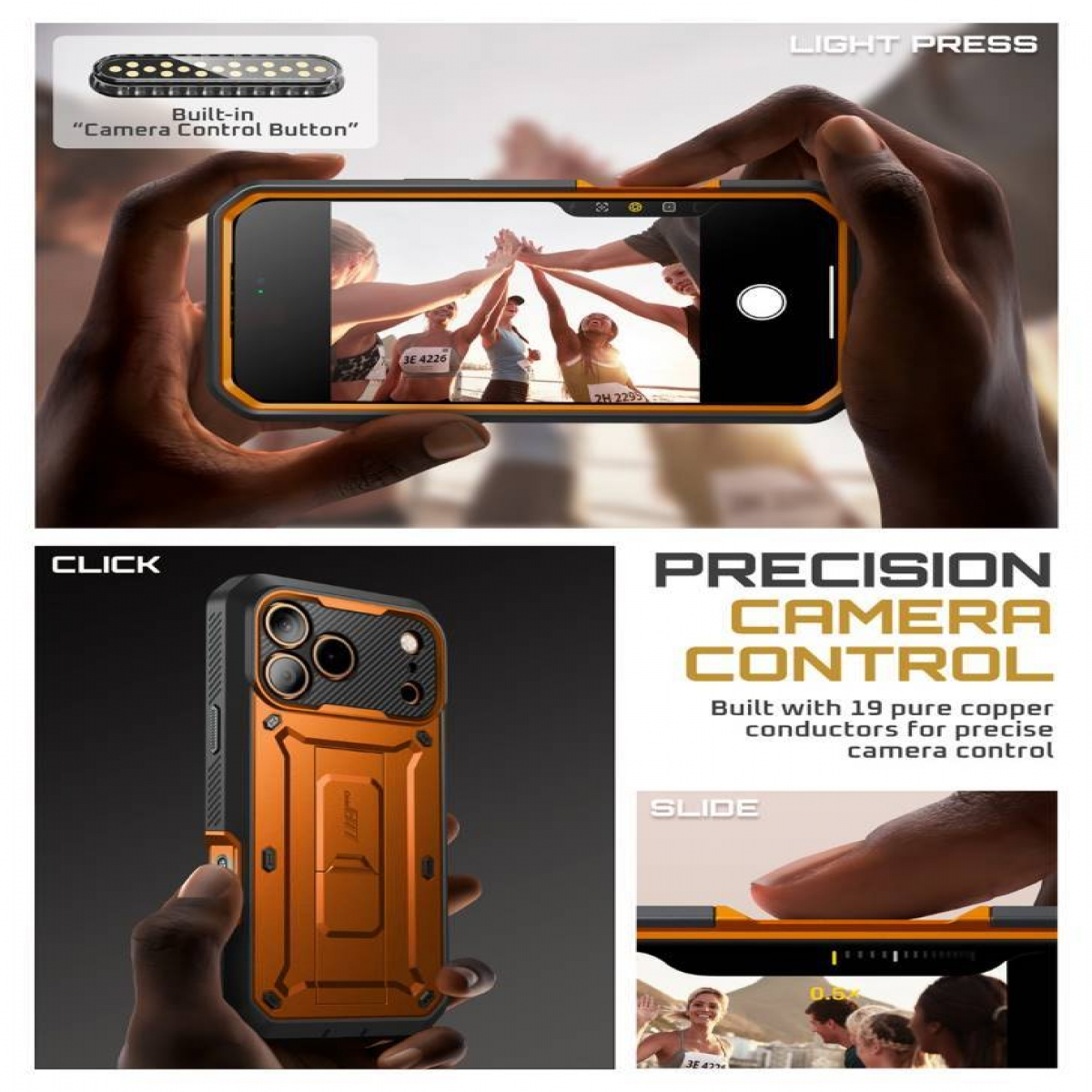 Una custodia arancione per telefono con un pulsante di controllo della fotocamera integrato. Un telefono mostra persone che si danno il cinque. Il testo dice CONTROLLO PRECISO DELLA FOTOCAMERA.