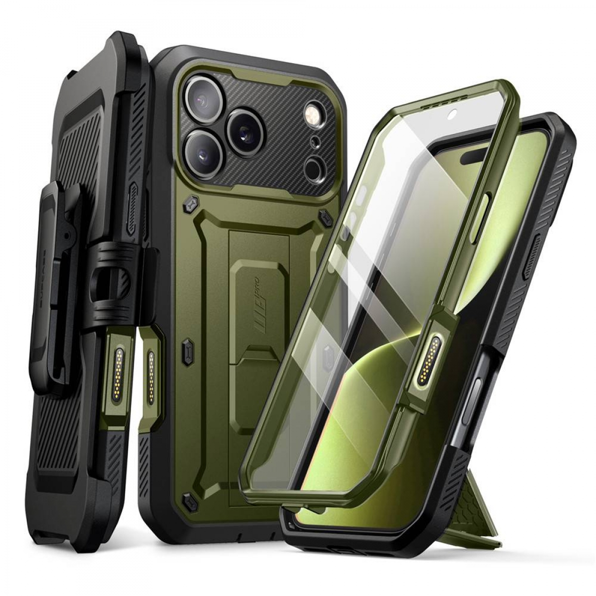 Drei Schutzhüllen für Mobiltelefone in Olivgrün und Schwarz, eine mit Gürtelclip. Eine Hülle ist offen und zeigt einen Telefonbildschirm.