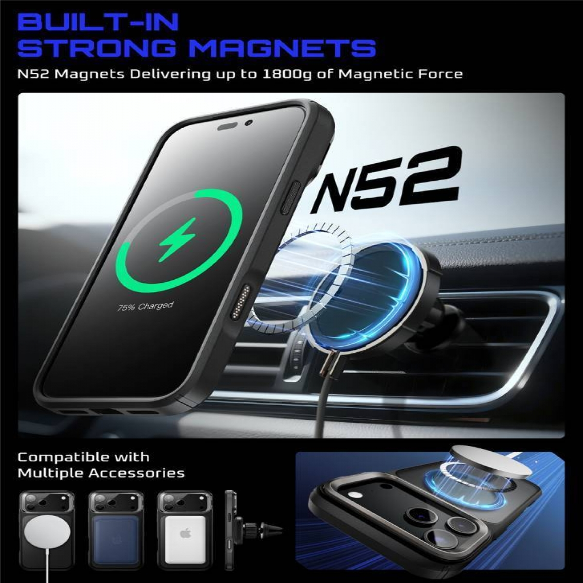 Un telefono si sta caricando su un supporto per auto. Il telefono mostra il 75% di carica. Vari accessori sono mostrati in basso.