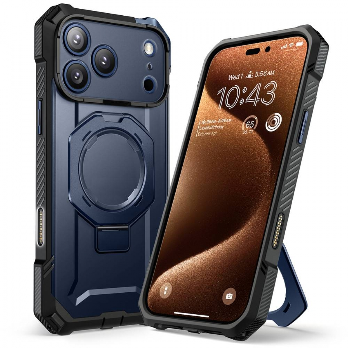 Due smartphone in custodie protettive. Uno è blu, mostra il retro con le lenti della fotocamera. L'altro mostra lo schermo con l'ora e la data.