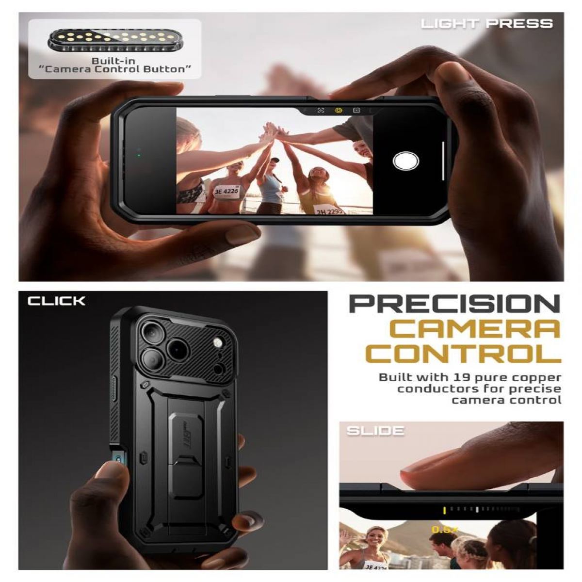 Una custodia per telefono con un pulsante di controllo fotocamera integrato. Il telefono mostra una foto di persone che si danno il cinque. Dettagli includono testo 'Precision Camera Control'.