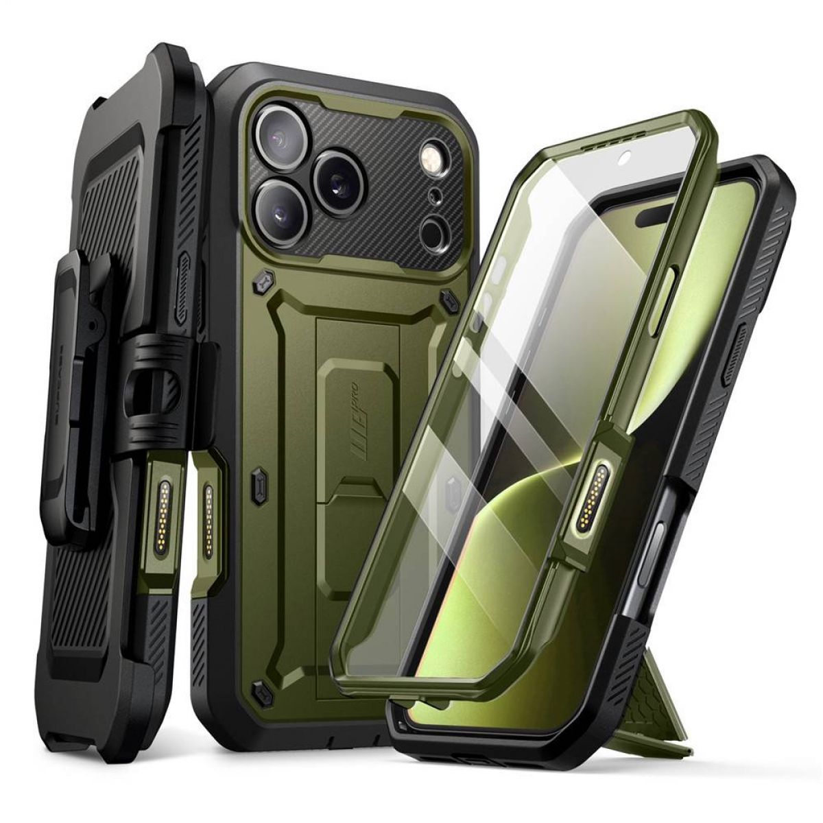 Tre custodie per telefoni. Una nera con clip, una verde e una con copertura trasparente, tutte con supporto.