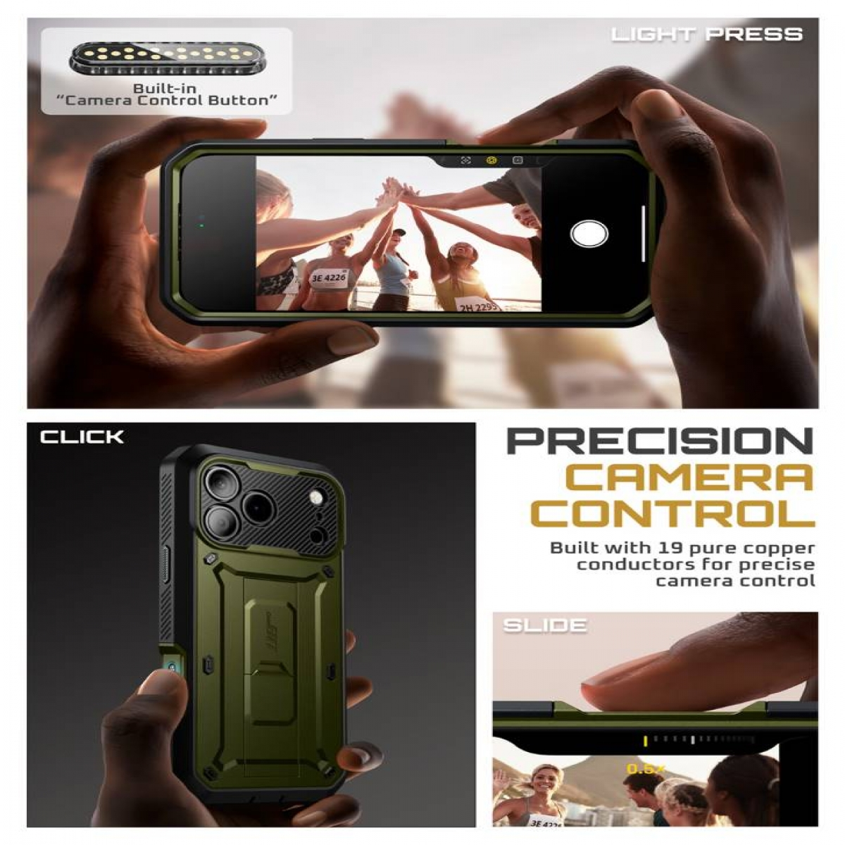 Una custodia per telefono con pulsante di controllo fotocamera. Il telefono mostra una foto di persone che si congratulano. Il testo recita 'Controllo fotocamera di precisione'.