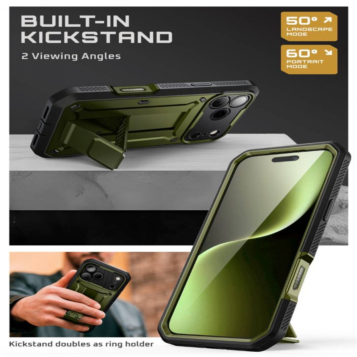 Una custodia per telefono verde oliva con cavalletto integrato, mostrata in modalità orizzontale e verticale. Il testo dice 'Built-in Kickstand'.