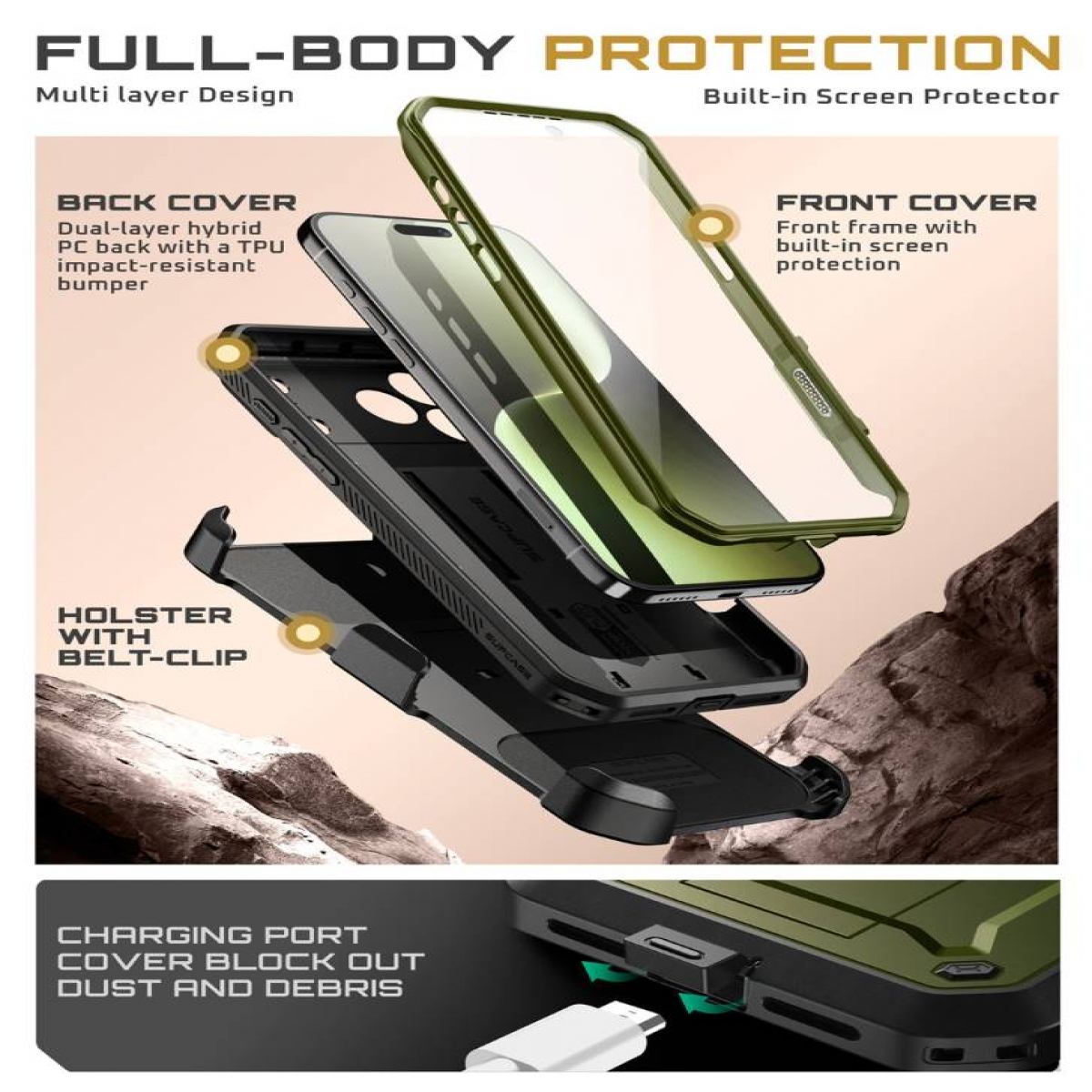Vista esplosa di una custodia per telefono multistrato. Include una cover posteriore, cover anteriore, fondina e dettaglio porta di ricarica, tutto in nero e verde.
