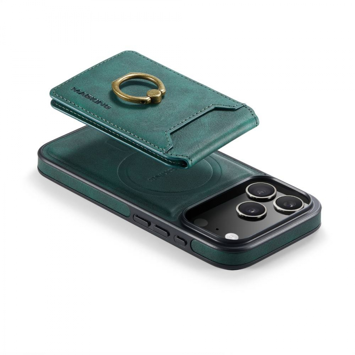 Grüne Handyhülle mit Kartenhalter und Ring. Die Handyhülle hat drei Kameras, der Kartenhalter einen goldenen Ring.