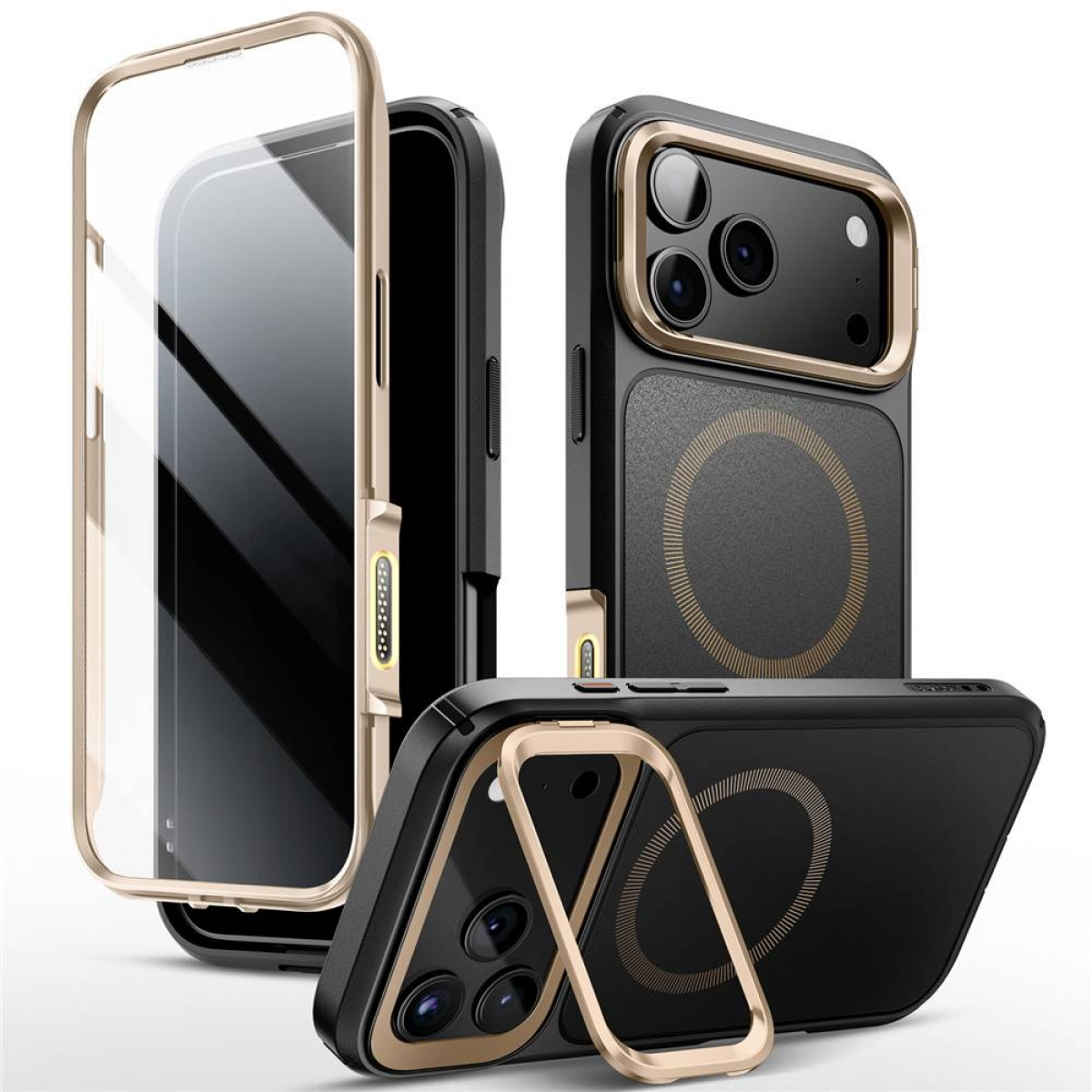 Mehrere schwarze Handyhüllen mit goldenen Akzenten werden gezeigt. Eine Hülle ist offen und zeigt das Telefon. Die Hüllen haben Kameraausschnitte und Magnetkreise.