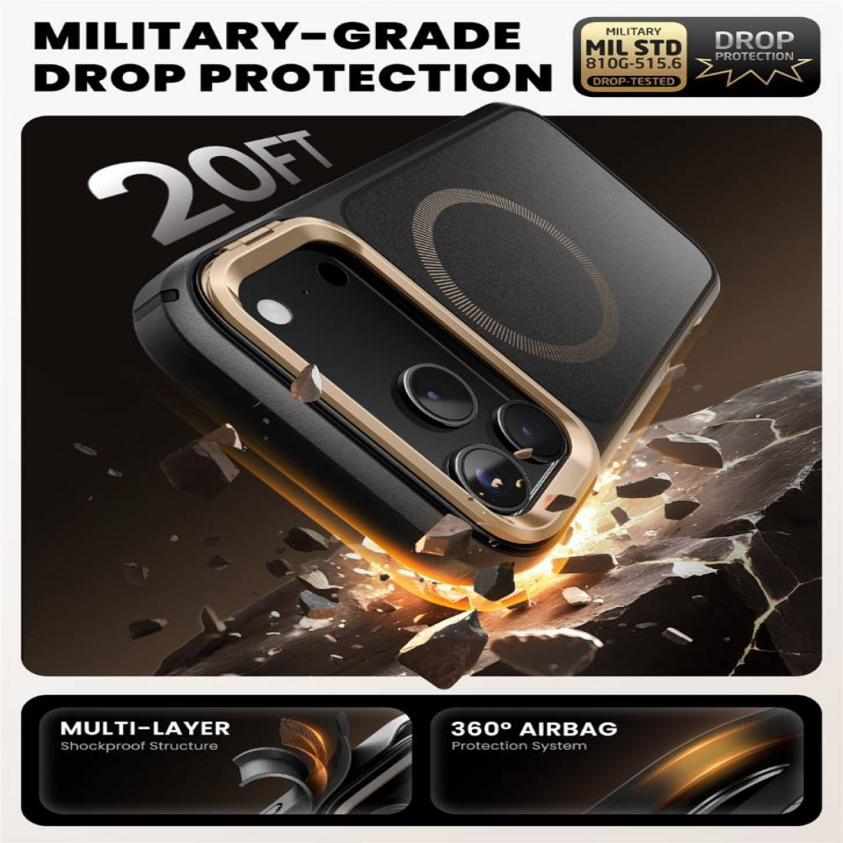 Schwarze Handyhülle mit goldenem Rand, die beim Fallen Steine zerbricht. Text: 'Military Grade Drop Protection' und '20FT'.
