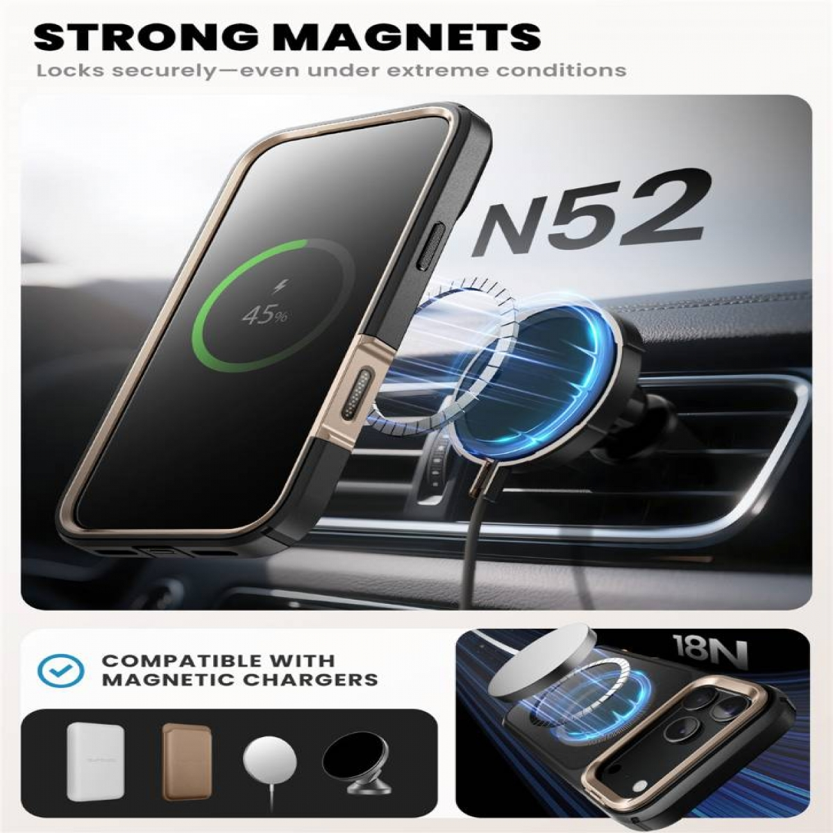 Ein Telefon in einer Hülle ist magnetisch an einer Lüftungshalterung befestigt. Das Telefon zeigt 45 % Akku an. Text: STARKE MAGNETE, MAGNETISCHE LADEGERÄTE.