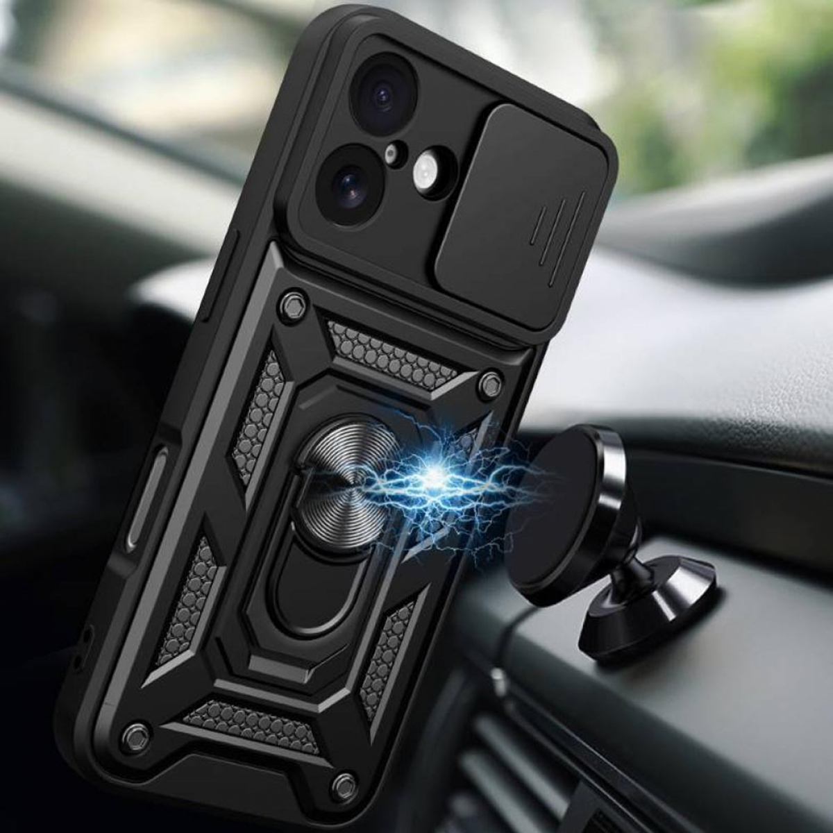 Schwarze Handyhülle mit Ringhalter und Kameraabdeckung, befestigt an einer magnetischen Autohalterung. Blitzeffekt zeigt Magnetverbindung.