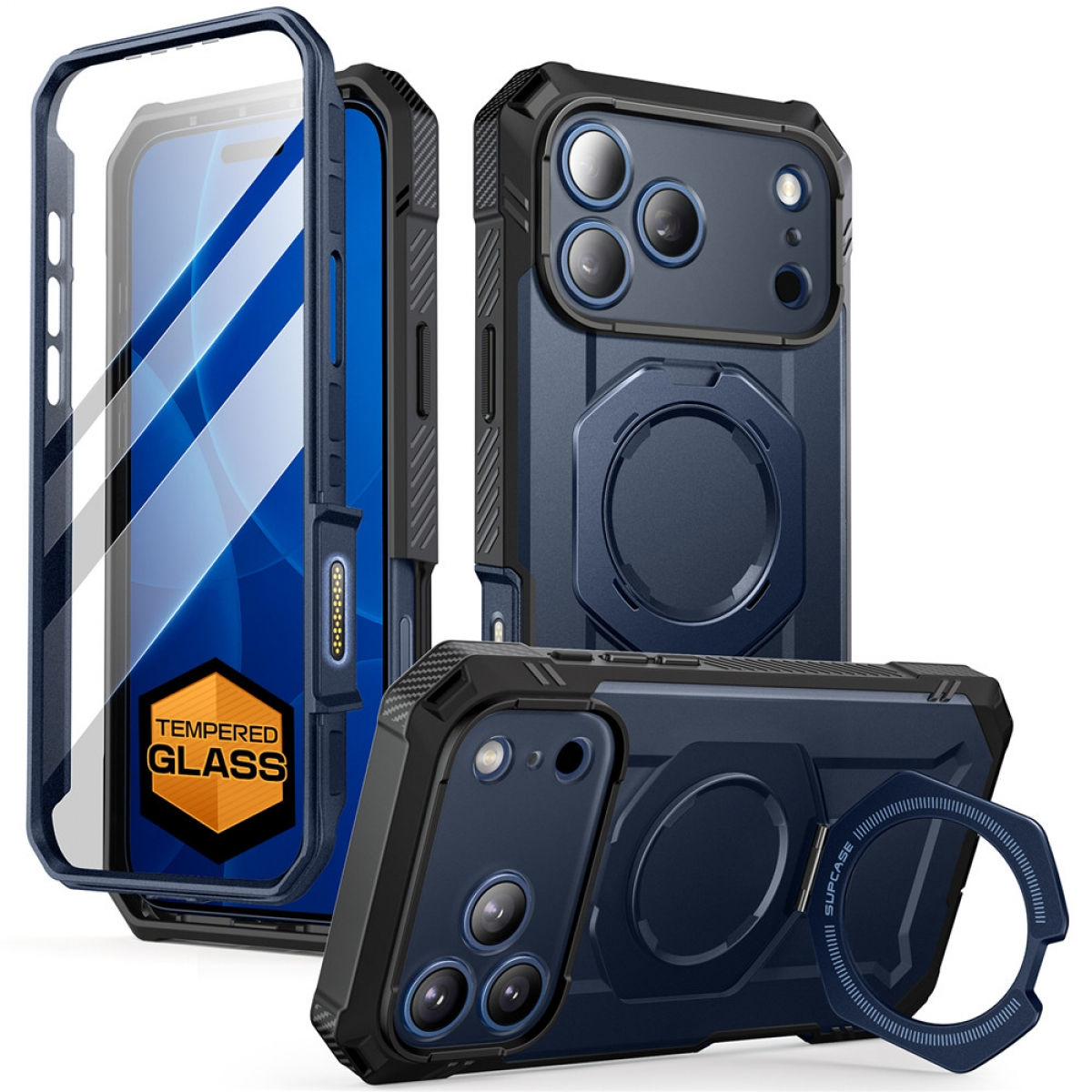 Diverse custodie per iPhone, blu e nere. Una smontata che mostra la protezione schermo. Le custodie hanno fori per la fotocamera e anelli.