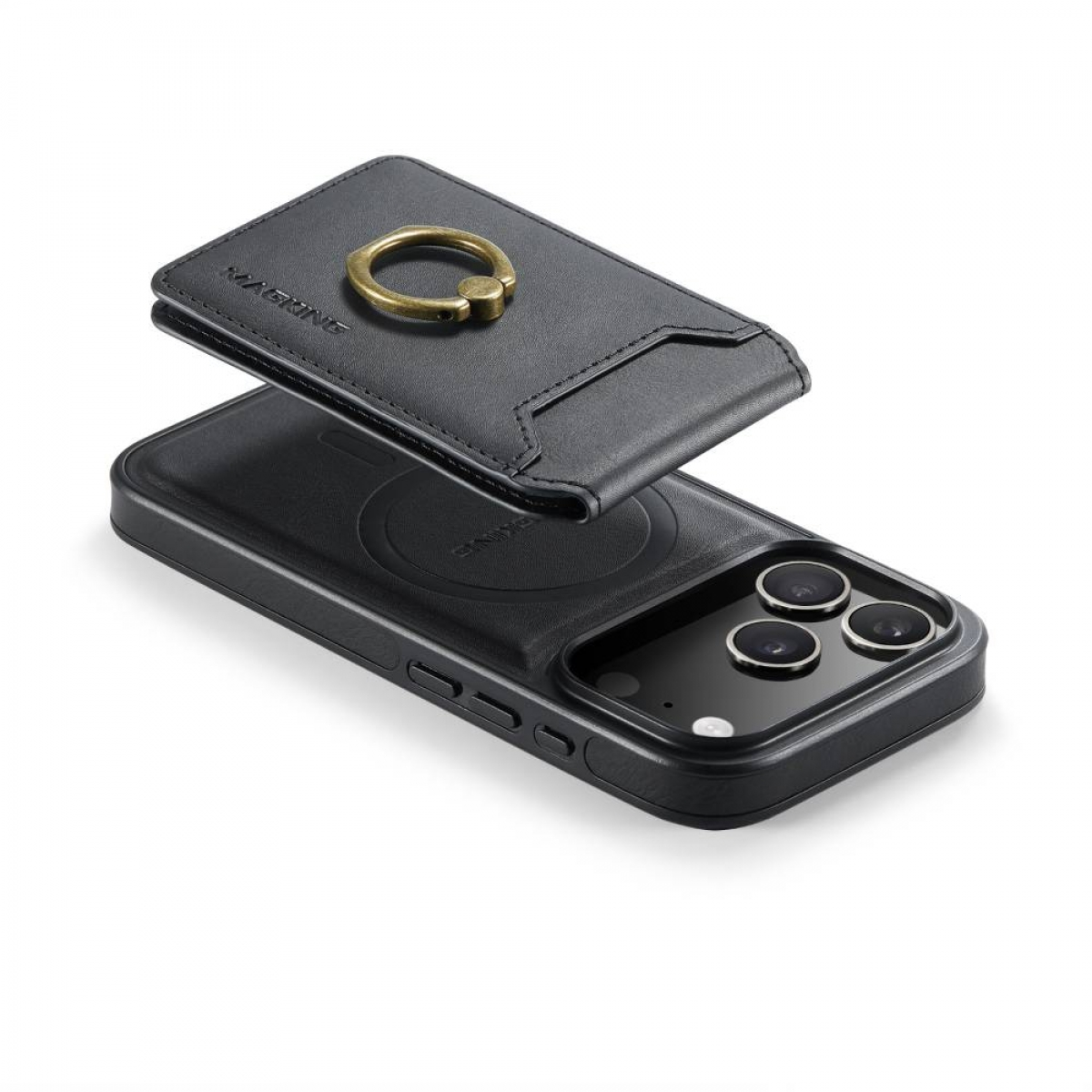Schwarzes iPhone mit schwarzem Leder-Wallet-Case. Das Wallet hat einen goldenen Ringhalter und ist leicht erhöht.