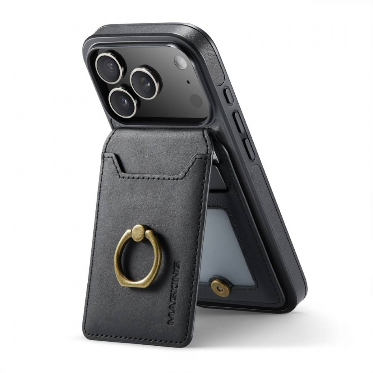 Schwarze Handyhülle mit Kartenhalter und Ringhalter. Das Telefon hat drei Kameralinsen. Der Kartenhalter hat einen goldenen Ring.