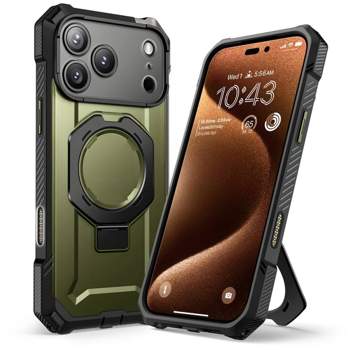 Due smartphone in custodie protettive. Uno mostra l'ora, l'altro è in posizione verticale. Entrambe le custodie sono nere e verdi.