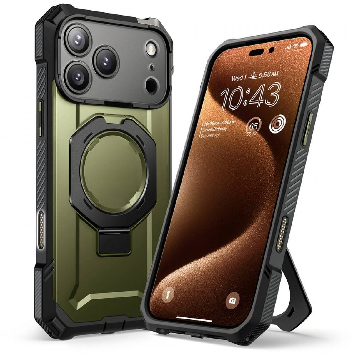Due custodie per iPhone, una verde e una nera, che mostrano lo schermo del telefono. Una ha un anello di supporto. Lo schermo mostra l'ora e la batteria.