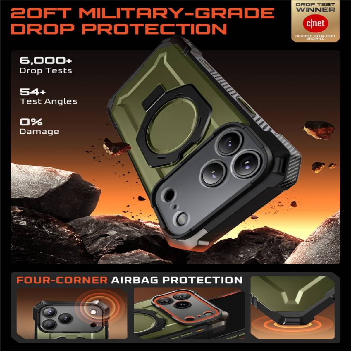 Custodia per telefono con protezione contro le cadute di grado militare. La custodia è verde oliva e nera, con un porta anelli. Rocce sullo sfondo.