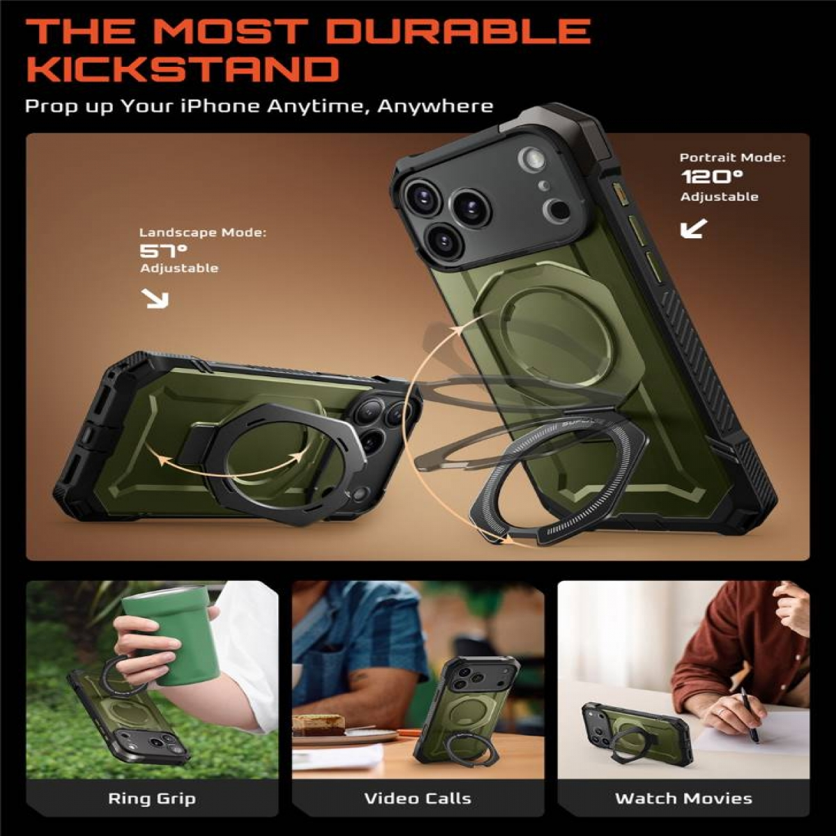 L'immagine mostra un supporto resistente per iPhone. Ha angoli regolabili per le modalità orizzontale e verticale, con impugnatura ad anello ed esempi di utilizzo.