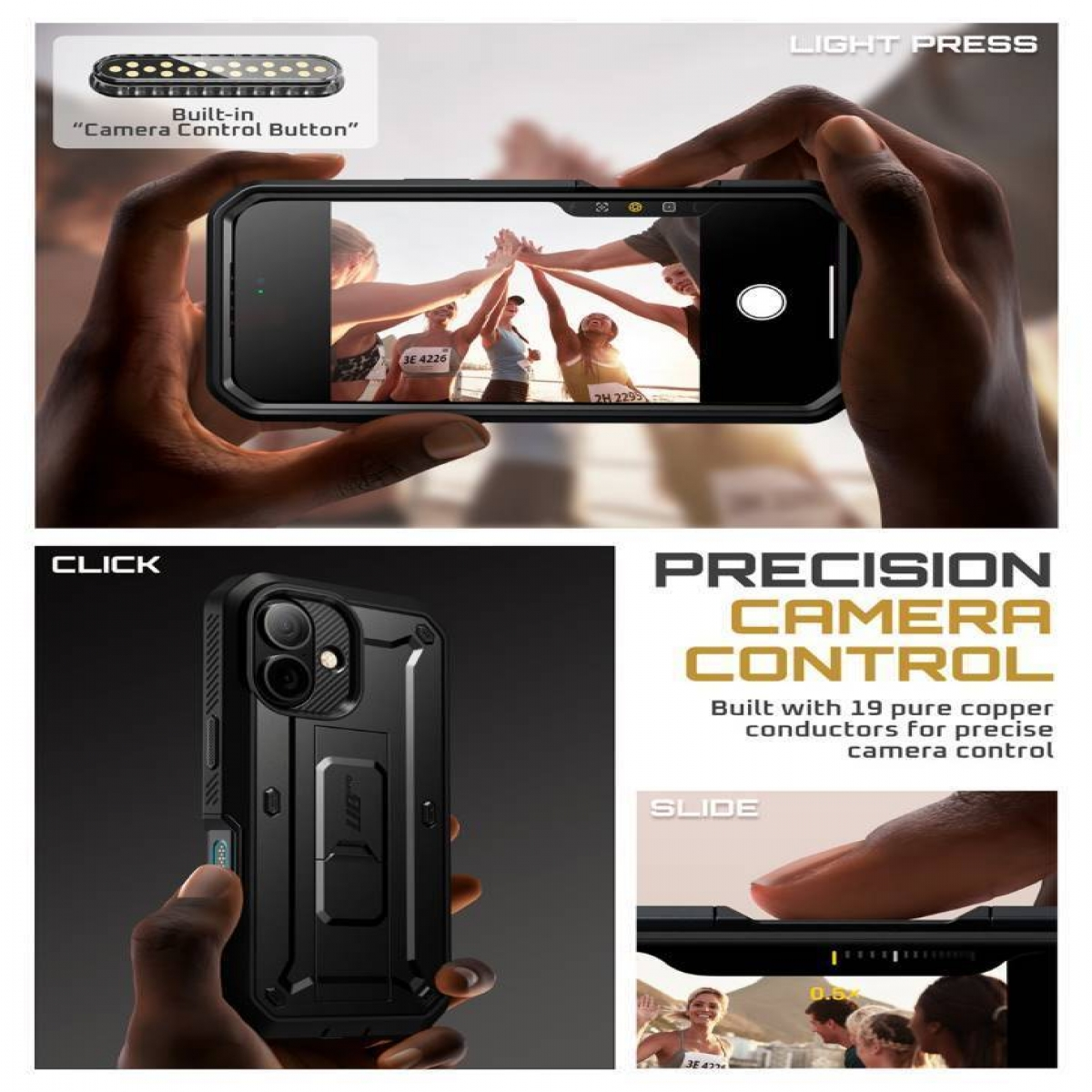 Una persona tiene in mano un telefono con una custodia, che mostra un'immagine di high-five sullo schermo. Testo: Controllo preciso della fotocamera.