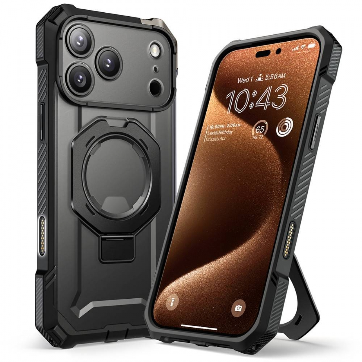 Due custodie nere per telefono, una con telefono che mostra l'ora. L'altra mostra la fotocamera. Entrambe le custodie hanno un supporto.