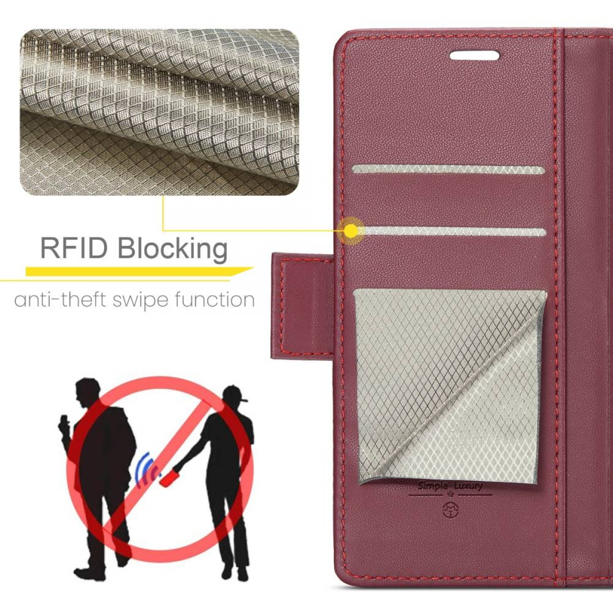 Rote Handyhülle mit RFID-Blockierung. Silhouetten von Personen mit rotem Kreis und Schrägstrich. Text: Anti-Diebstahl-Wischfunktion.