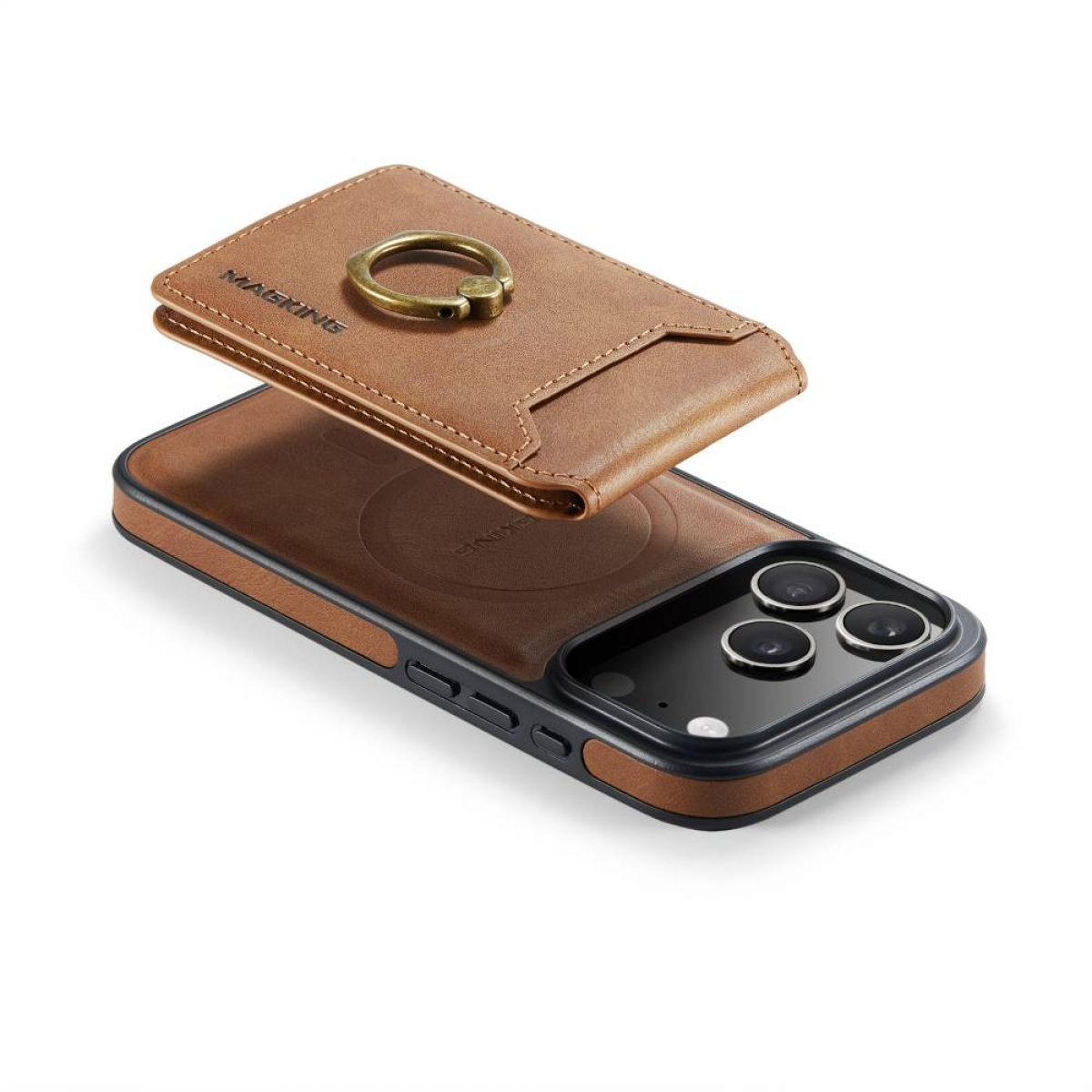 Braune Handyhülle mit Kartenhalter und Ring. Die Handyhülle liegt auf einem Telefon. Der Kartenhalter hat einen Ring.