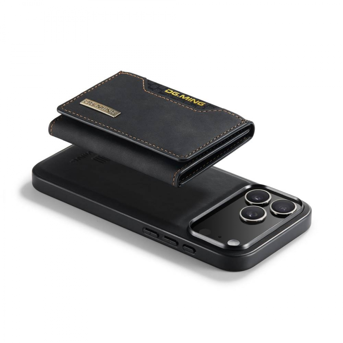 Ein schwarzes Telefoncase mit angebrachter Geldbörse wird angezeigt. Die Geldbörse ist schwarz mit goldenen Nähten und der Marke 'DG.MING'.