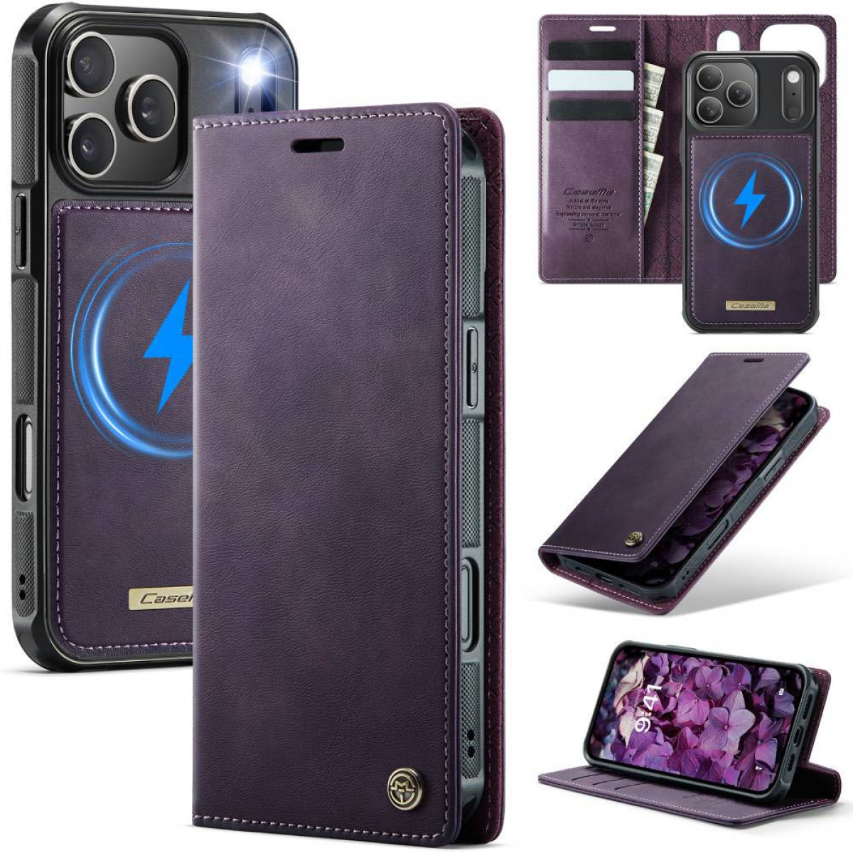 Lila Handyhülle mit Ladesymbol. Beinhaltet eine Brieftaschenhülle und mehrere Ansichten des Telefons mit der Hülle, die ihre Funktionen zeigen.