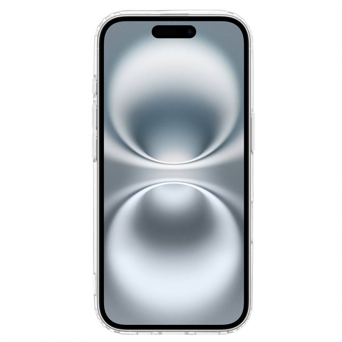 Ein Smartphone in einer durchsichtigen Hülle ist zentriert. Der Bildschirm zeigt ein verschwommenes, lichtreflektierendes, abstraktes Design.
