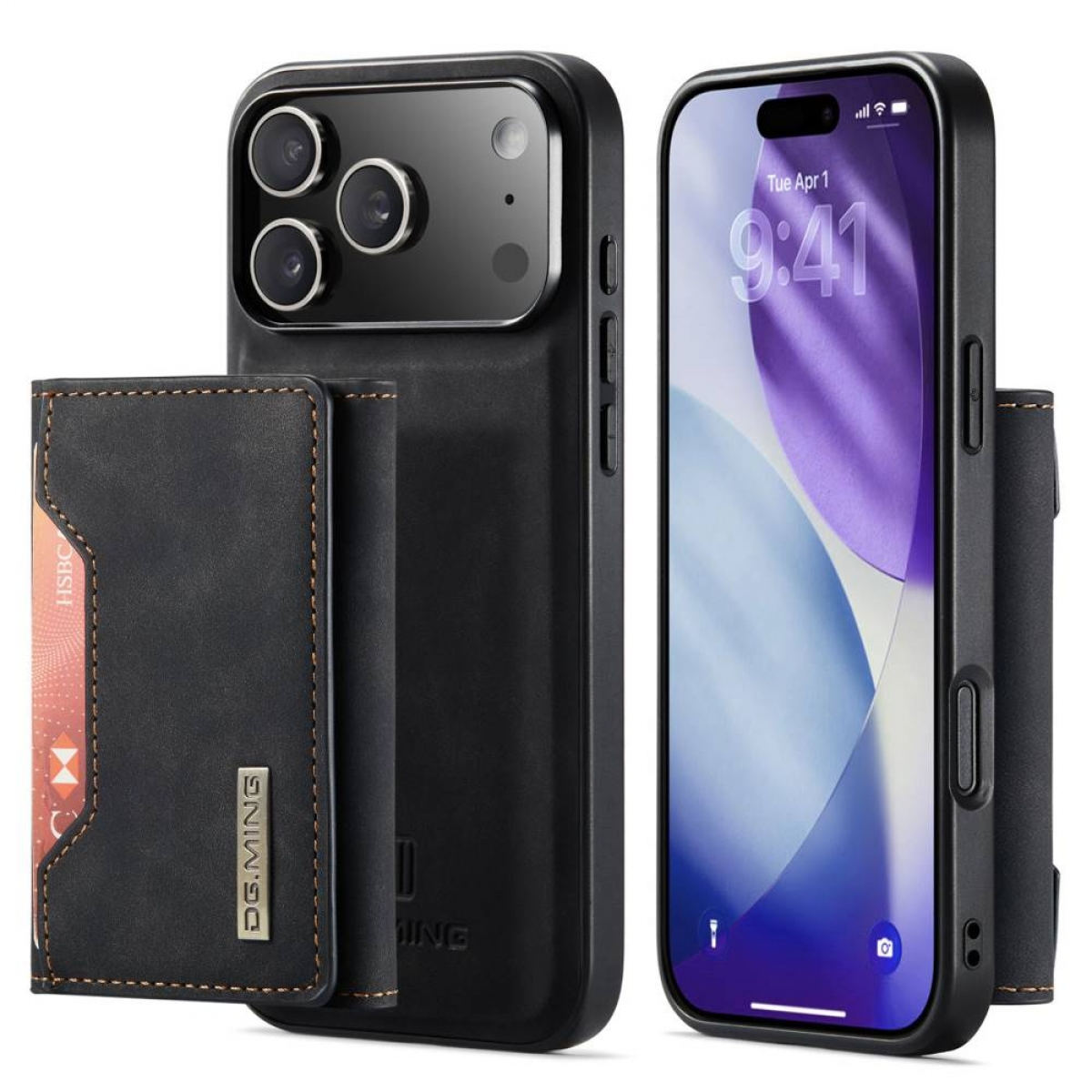 Zwei schwarze iPhone-Hüllen mit Geldbörsen. Eines zeigt die Rückseite mit Kameras, das andere den Bildschirm. Beide haben eine Geldbörse.