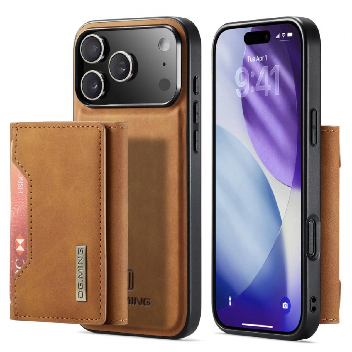 Zwei braune Leder-Handyhüllen mit Geldbörsenaufsätzen. Eine zeigt ein Telefon mit Bildschirm und Kameralinsen. Die andere ist offen.
