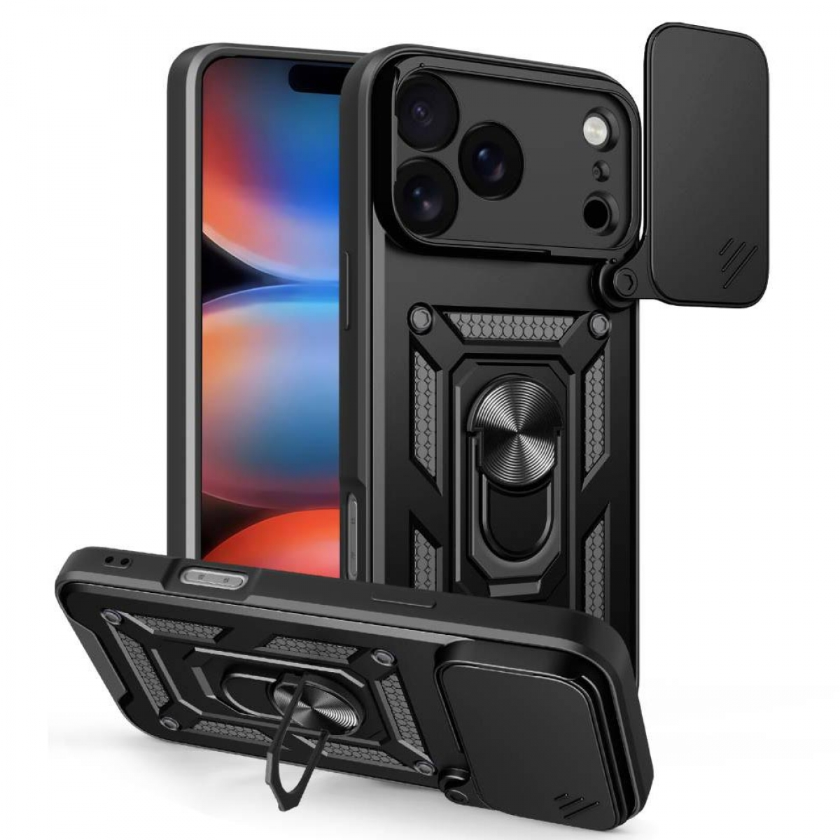 Schwarze Handyhülle mit Kameraabdeckung, Ringhalterung und einem Telefon im Hintergrund. Robustes Design mit Metallic-Finish.