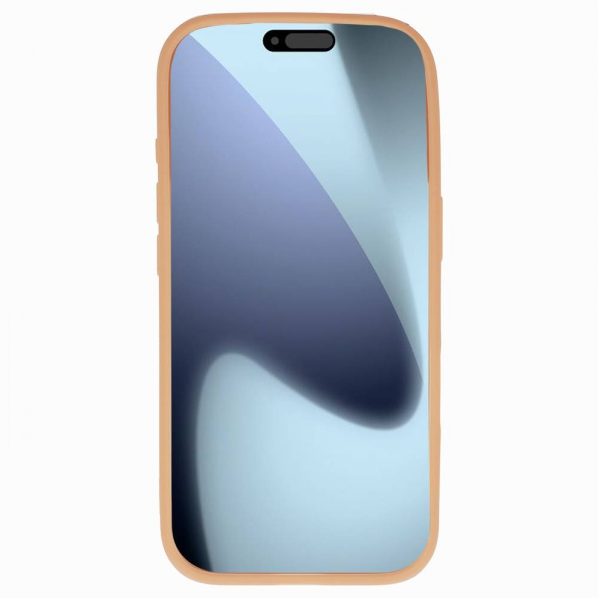 Ein Smartphone mit beigem Rahmen und hellblauem Bildschirm. Der Bildschirm hat oben einen dunklen Bereich. Der Hintergrund ist weiß.