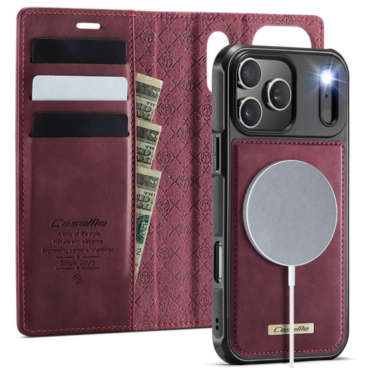 Eine weinrote iPhone-Hülle mit einer Brieftasche und einem Telefon. Die Brieftasche hat Kartenfächer und Geld. Die Handyhülle hat eine Kamera und ein Ladegerät.