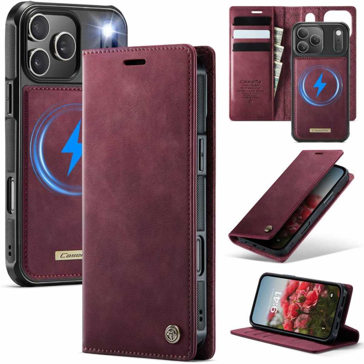 Eine bordeauxrote Leder-Handyhülle mit eingebautem Ladegerät. Verschiedene Winkel zeigen die Hülle offen und geschlossen mit einem Telefon darin.