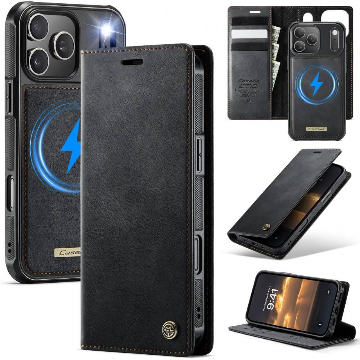 Eine schwarze Handyhülle mit Ladesymbol, eine Brieftasche und ein Telefon mit angezeigter Uhrzeit. Das Gehäuse ist in verschiedenen Winkeln geöffnet.