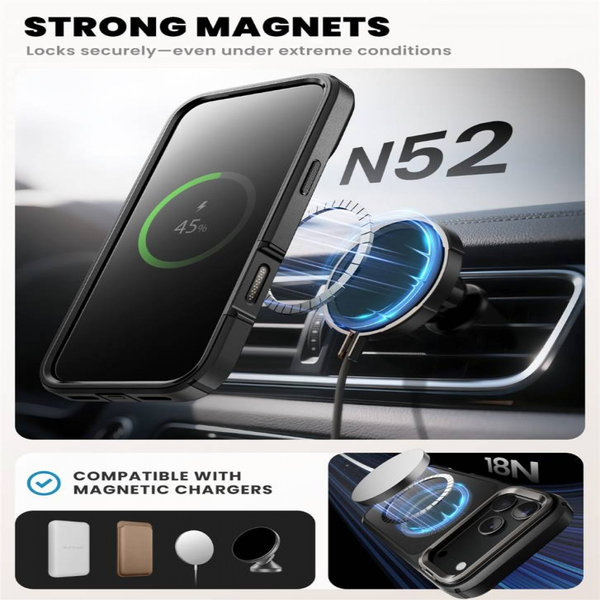 Schwarze Handyhülle mit einem Handy, das 45 % Ladung anzeigt. Ein magnetisches Autoladegerät wird gezeigt. Text: Starke Magnete.
