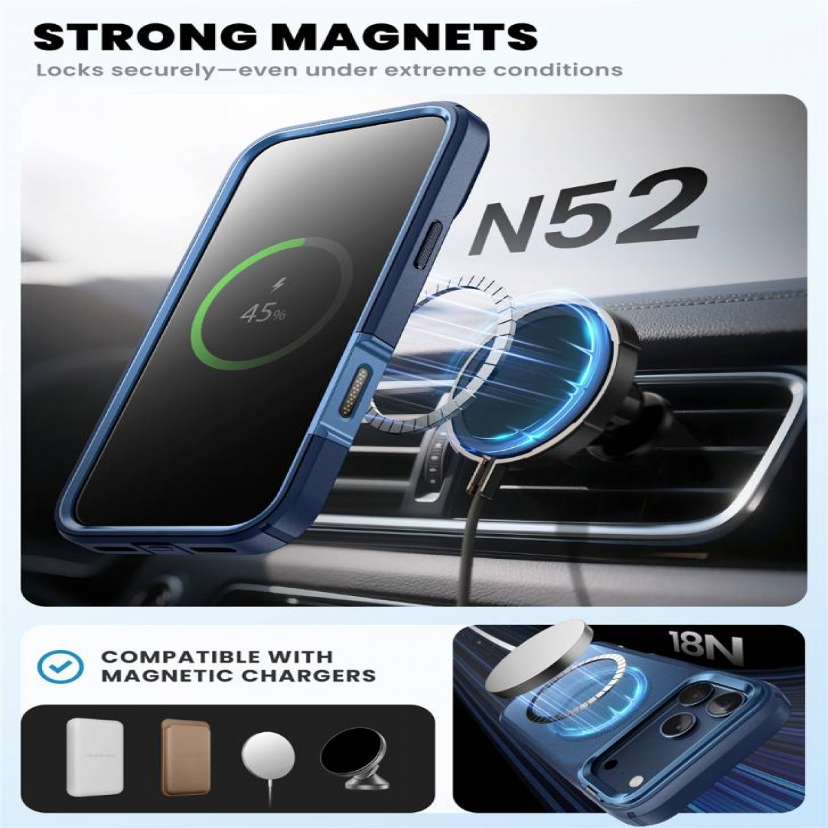 Ein Telefon in einer blauen Hülle wird in einem Auto auf einer magnetischen Halterung geladen. Das Telefon zeigt 45% Ladung an.