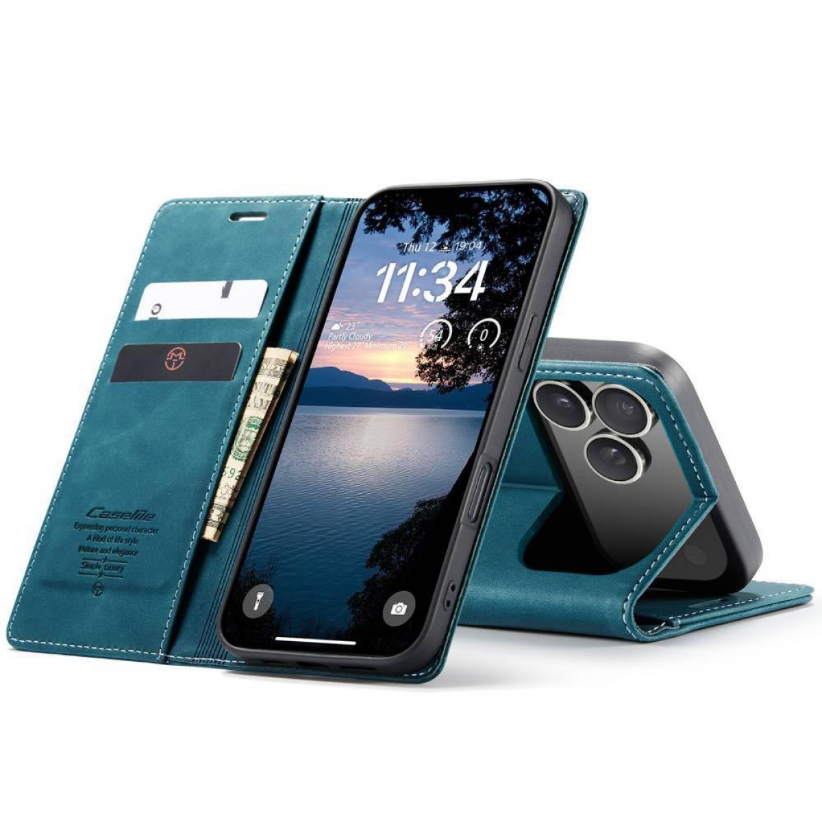 Eine tealfarbene Handyhülle hält ein Telefon, das die Uhrzeit anzeigt. Im Inneren befinden sich eine Karte und Bargeld. Die Hülle ist offen.