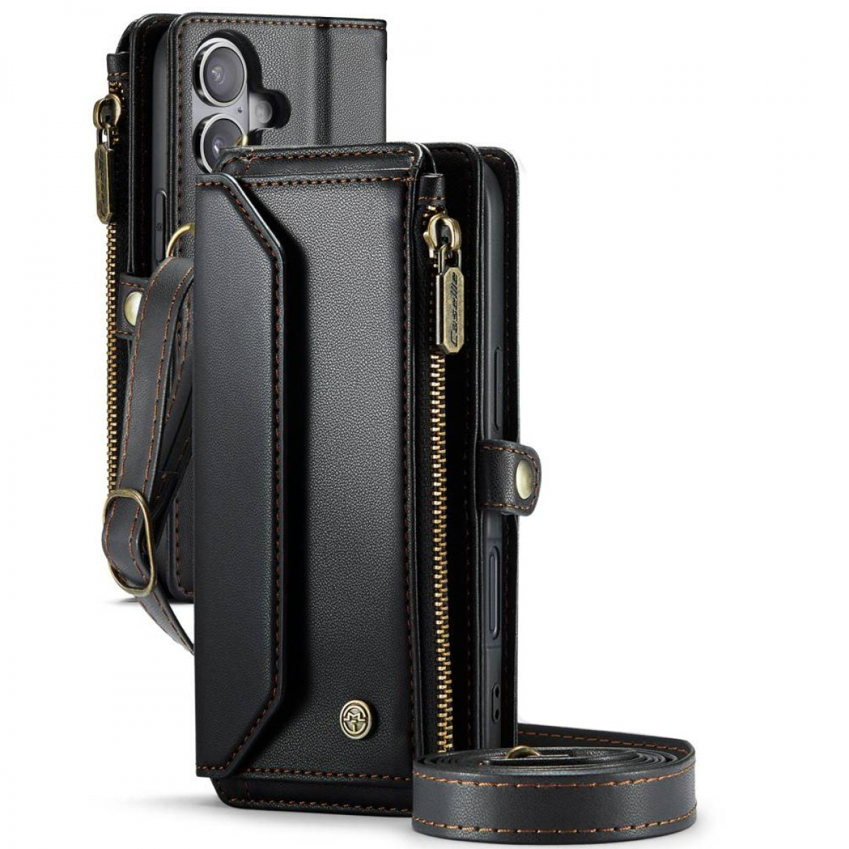 Schwarze Leder-Handyhülle mit Reißverschluss, Riemen und mehreren Fächern. Braune Nähte und goldene Reißverschlussdetails sind sichtbar.