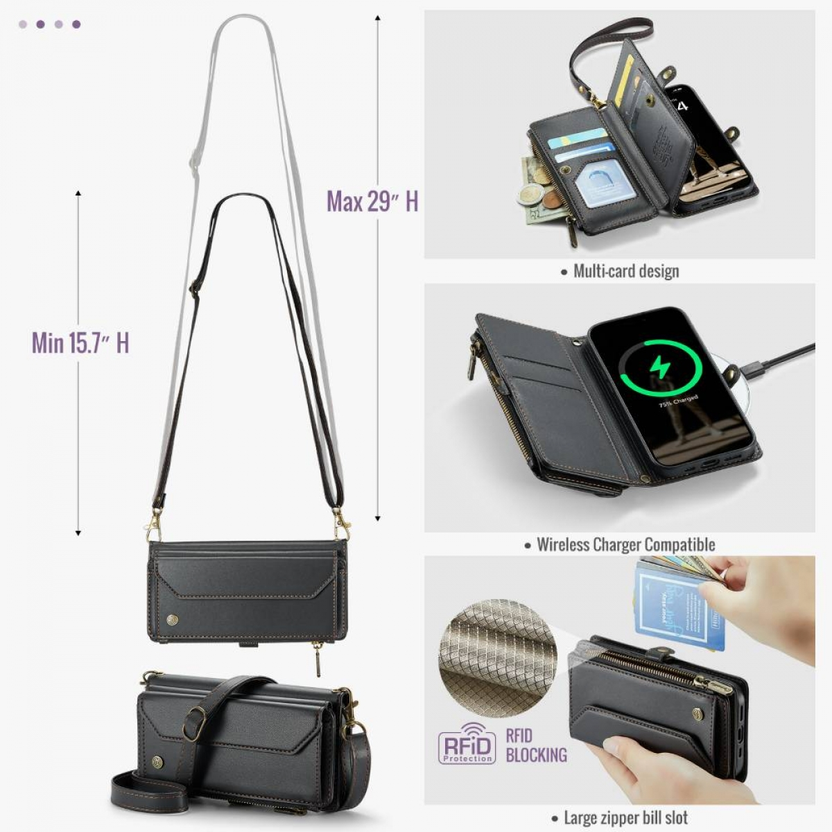 Eine schwarze Leder-Crossbody-Geldbörse mit mehreren Kartenfächern, Reißverschlusstasche und kabelloser Ladekompatibilität, mit RFID-Schutz.