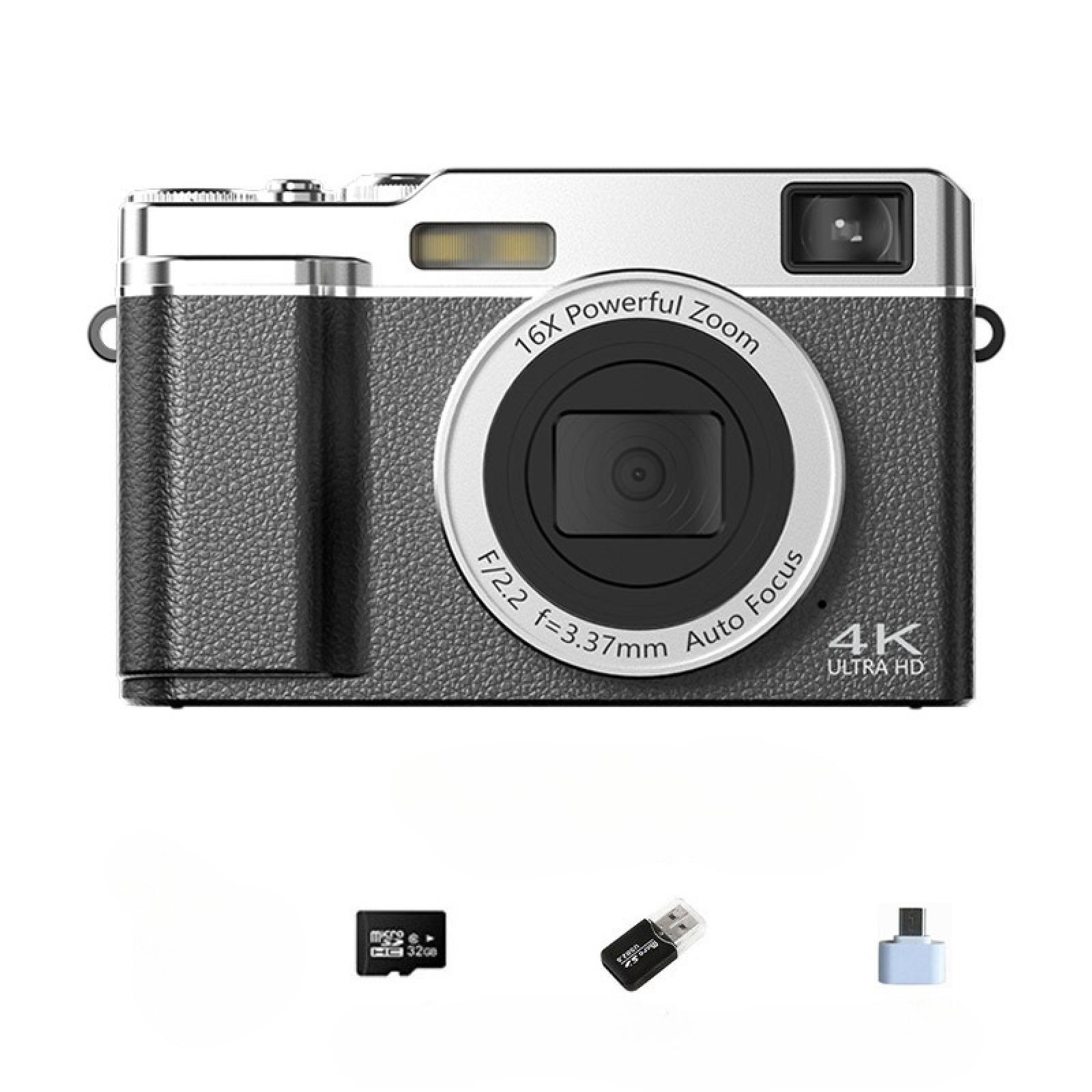Eine silberne und schwarze Digitalkamera mit 16-fachem Zoom, 4K Ultra HD und Zubehör wie einer Speicherkarte und einem USB-Adapter.