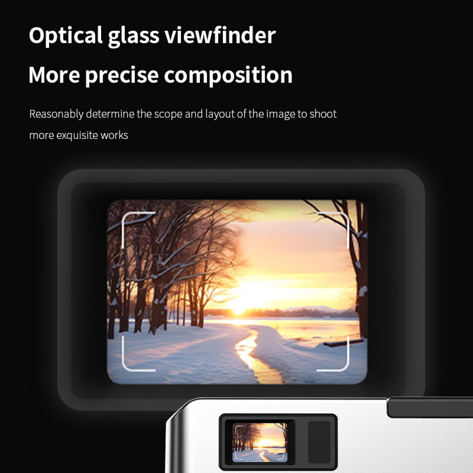 Kamera-Sucher, der eine Winterlandschaft mit Bäumen und einem Sonnenuntergang zeigt. Text-Overlays: Optischer Glas-Sucher und Präzisere Komposition.
