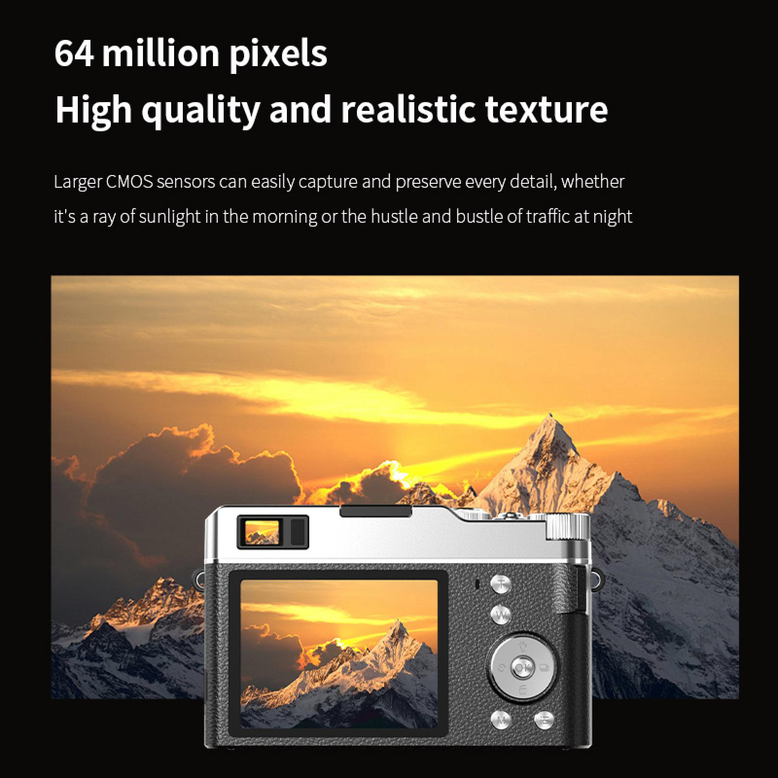 Eine Kamera zeigt eine Berglandschaft mit Sonnenuntergang. Text oben: 64 Millionen Pixel, hohe Qualität.