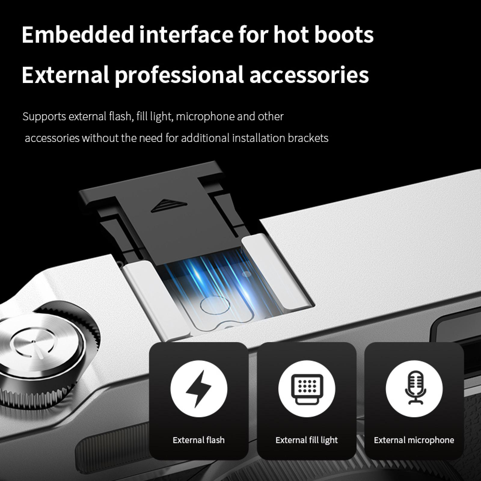 Das Bild zeigt externes professionelles Zubehör, wie Blitz und Mikrofon, für Hot Boots. Es zeigt eine schwarze Schnittstelle mit Symbolen.