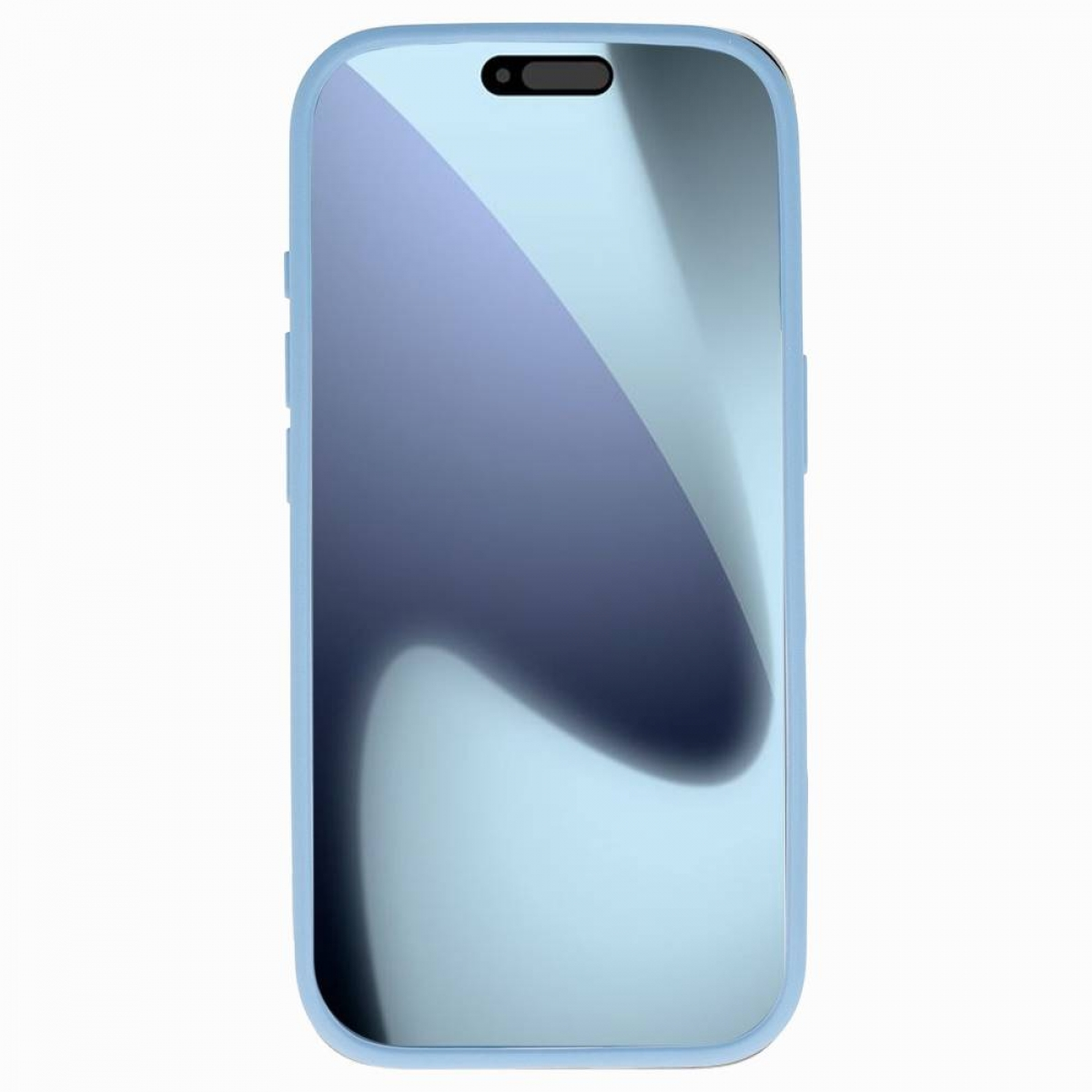 Ein Smartphone in hellblauer Hülle. Der Bildschirm zeigt einen Farbverlauf von Blau und Grau. Das Telefon vor weißem Hintergrund.