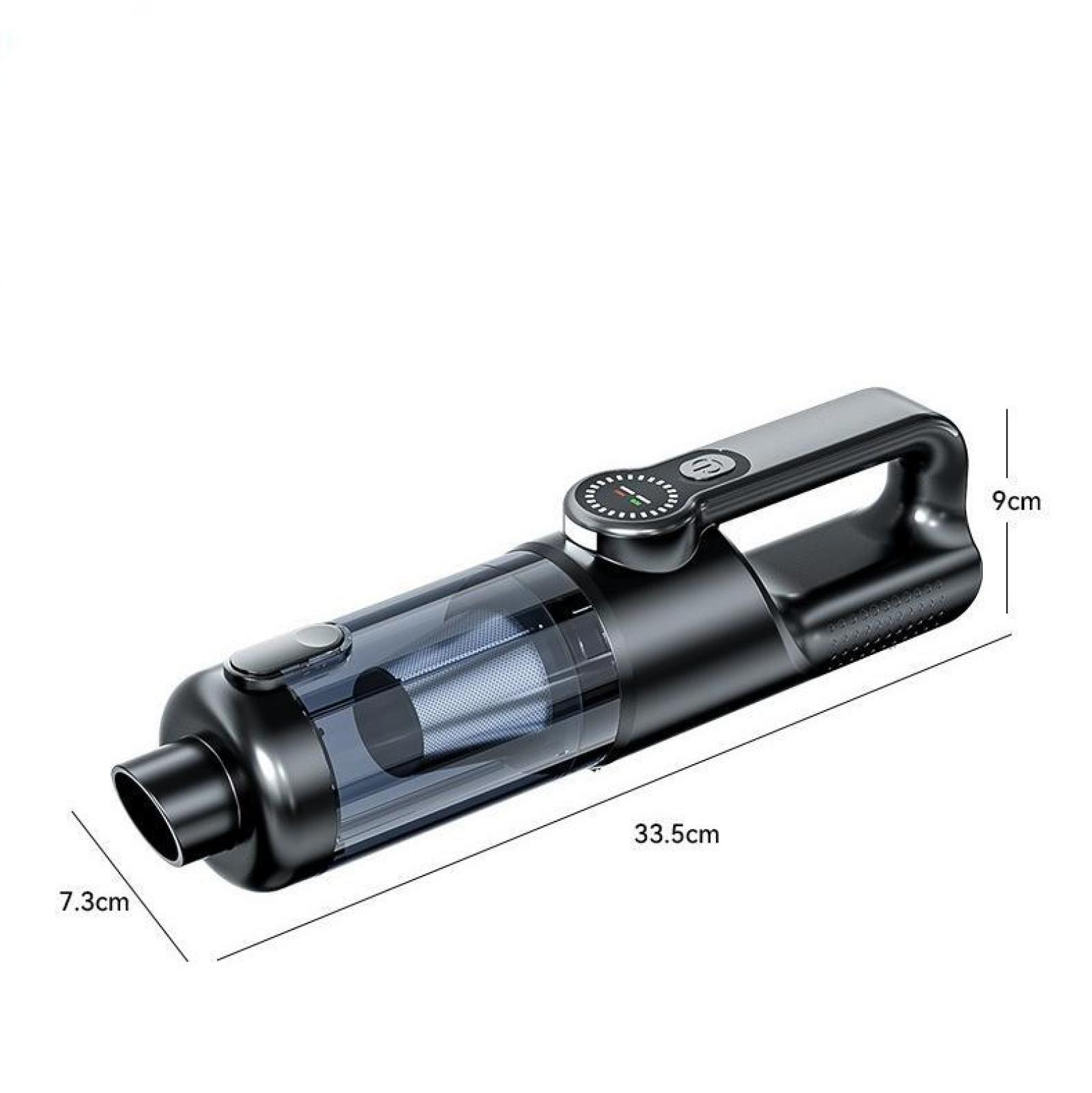 Ein schwarzer und silberner Handstaubsauger. Abmessungen sind beschriftet: 33,5 cm lang, 7,3 cm breit und 9 cm hoch.
